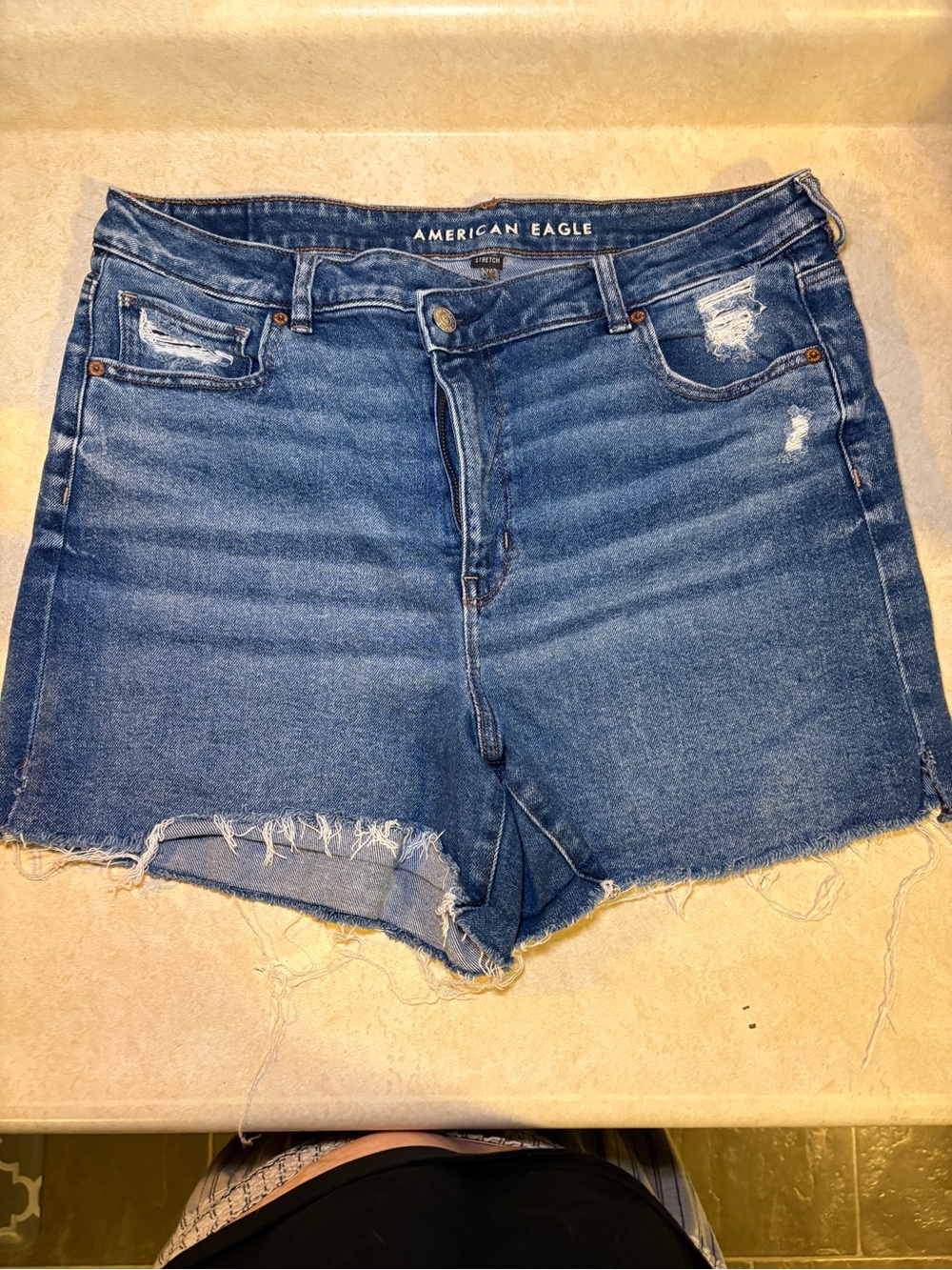 American Eagle Outfitters Distressed Mid-Blue High-Rise Denim Shorts